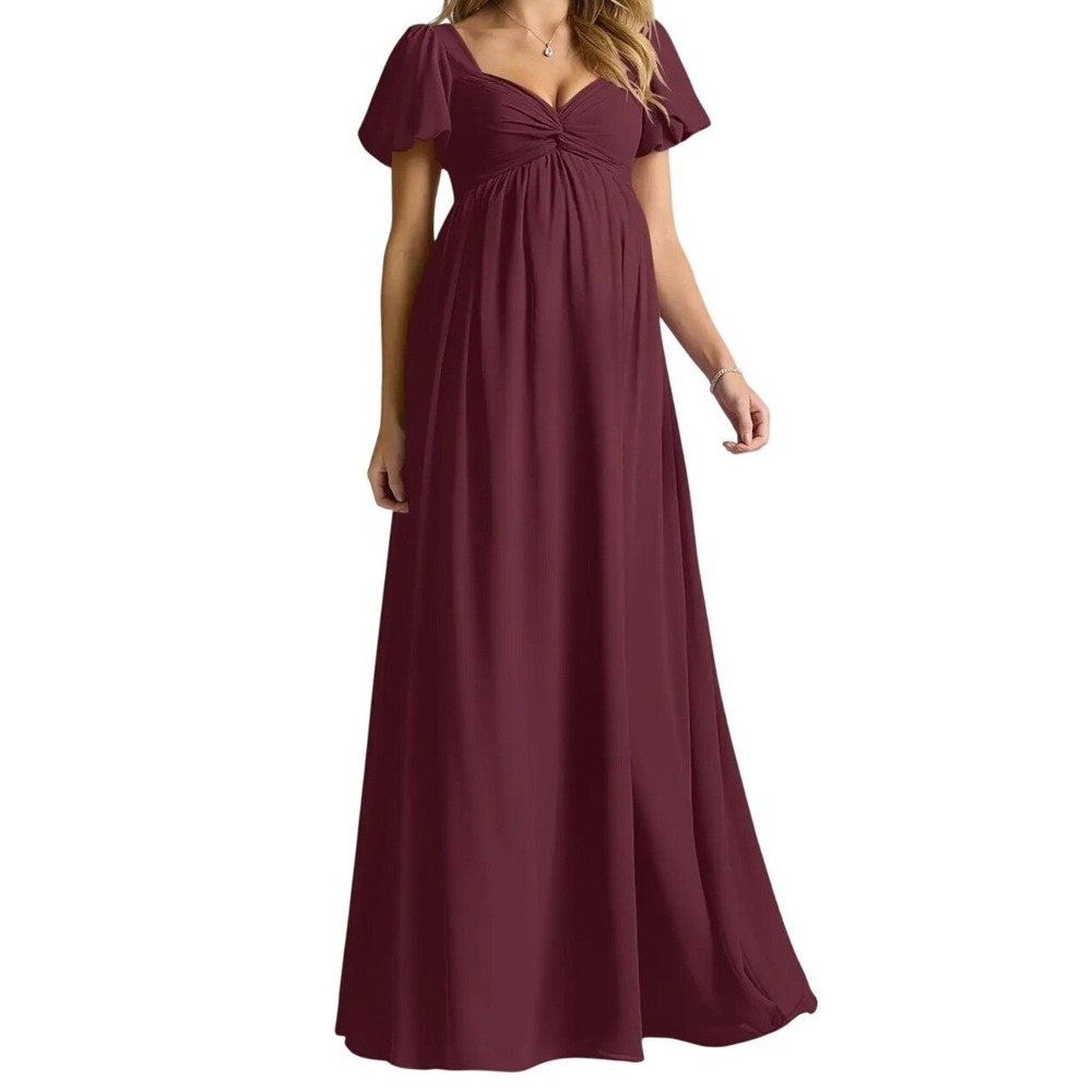 Azazie NWT Madisynn Maxi Dress Formal Chiffon Maternity Bridesmaid Burgundy A8 M